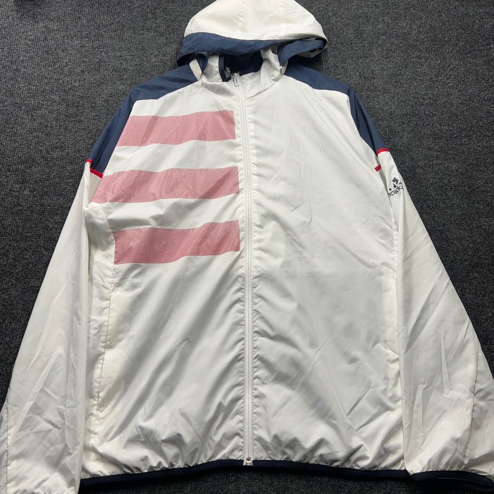 Adidas Climastorm Windbreaker Jacket Mens Medium White Navy Red Hooded Full Zip